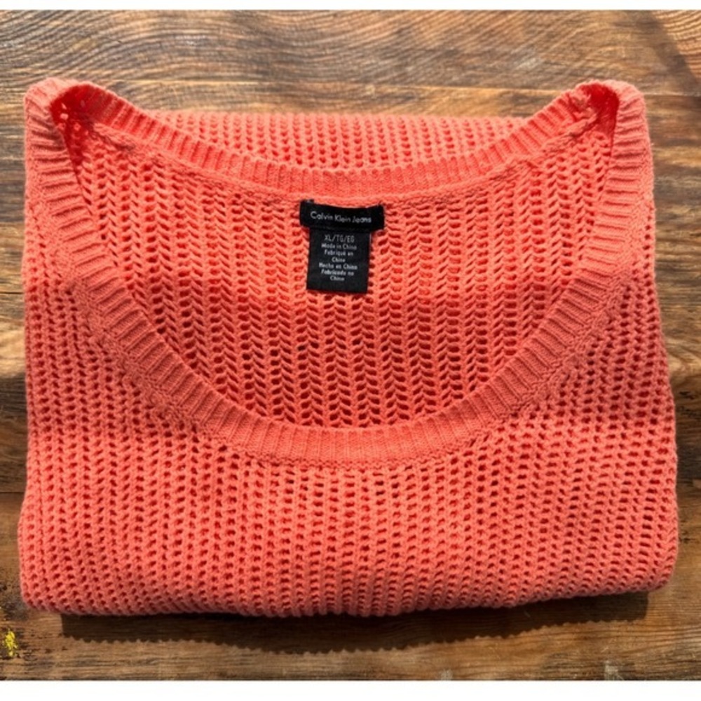A5 Calvin Klein Jeans Sweater Coral‎ Orange Crochet Open Knit Y2K Vintage Cotton